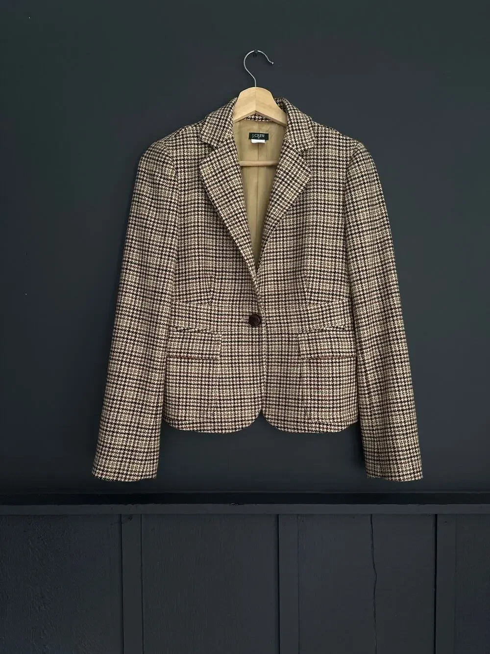 J. Crew Wool Blend Houndstooth Blazer Brown Tan Dark Academia Size 0